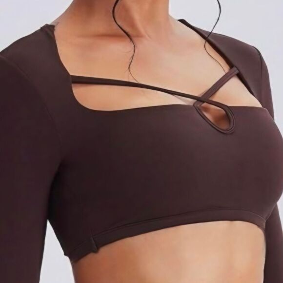 Vintage Tops - 💬🩵🅰️NWOT Brown Crisscross Cropped Long Sleeve Top Large
